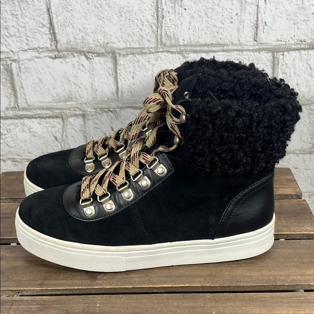 Sam Edelman Luther Women's Black Suede High Top Sneakers w/vegan shearling ankle - Picture 2 of 10